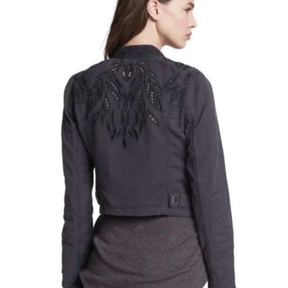 Free People Black Moto Jacket Cutwork Asymmetrical Zip Embroidered Shoulders